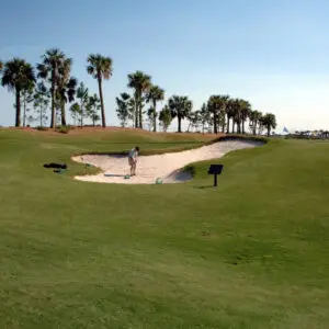A person standing on top of a golf course.