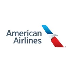 American airlines logo with a red, white and blue airplane.