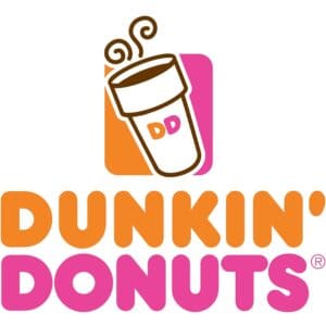 A dunkin donuts logo with an orange and pink background