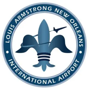 A blue and white logo of louis armstrong airport.