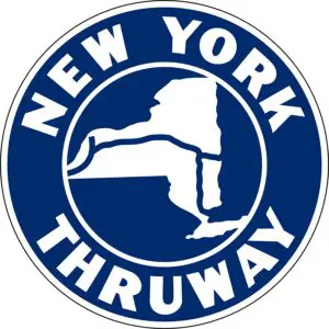 A blue and white logo for new york thruway.